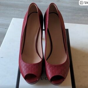 Gucci Red Embossed Leather Peep-Toe Pumps